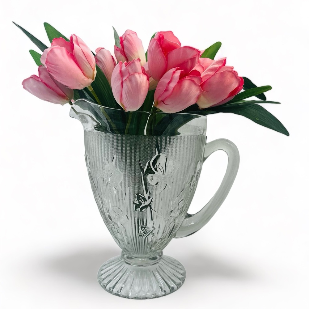 Antique Jeannette Glass Iris Herringbone Footed
Depression Glass Pitcher c. 1920